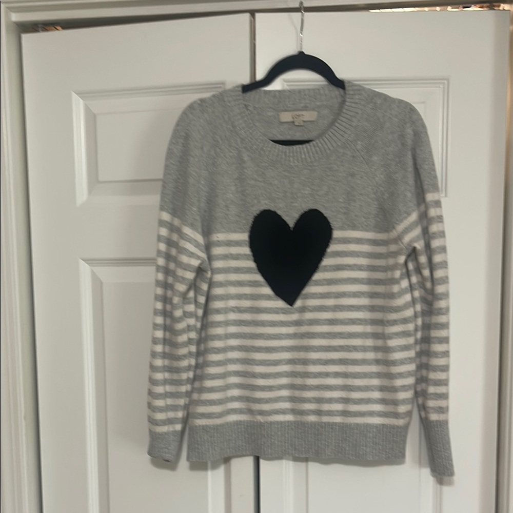LOFT Gray and White Crew Neck Sweater with Heart